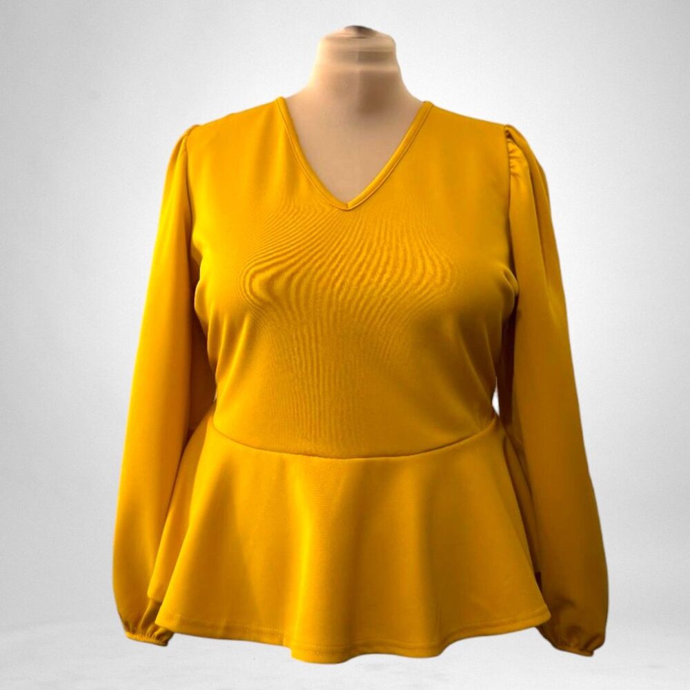 ASHLEY STEWART Mustard Yellow Puff Sleeve V-Neck Peplum Top, NEW! Size 18/20